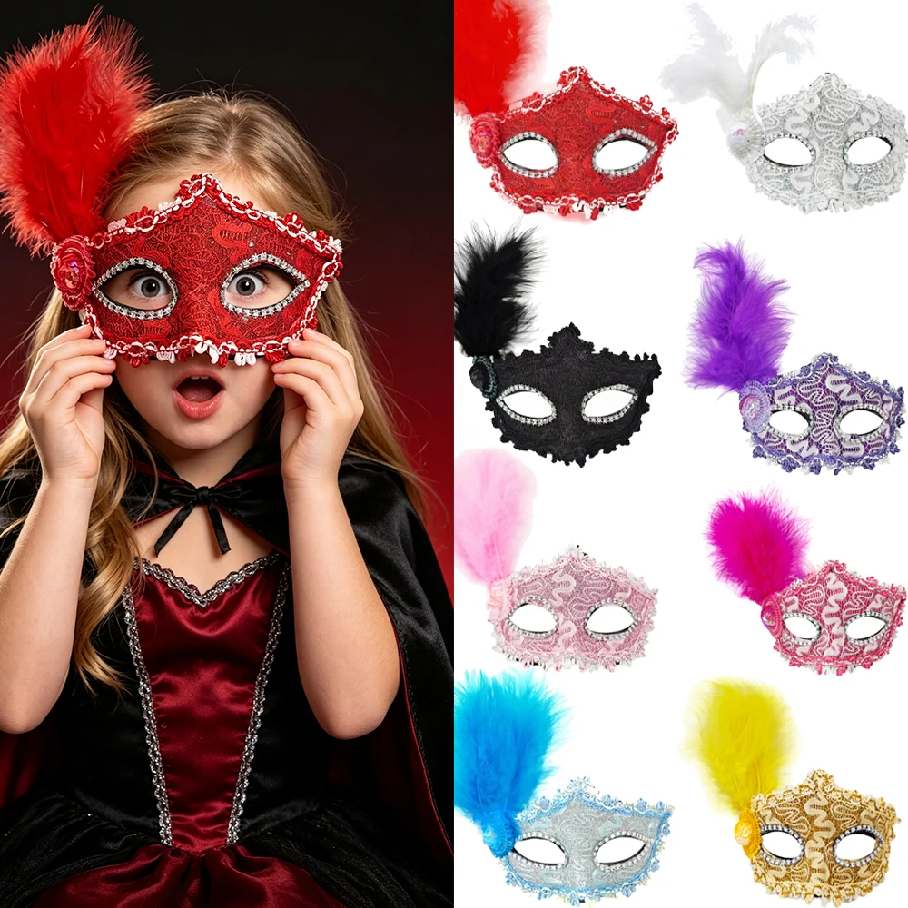 Red Black Girls Vampire Masquerade Mask with Feathers Halloween Witch Costume Party Cosplay Gothic Princess Fancy Dress Prop