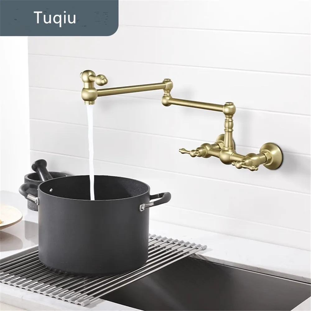 Brushed Gold Pot Filler Tap Black Foldable Kitchen Faucet Hot & Cold Nickel Sink Tap Rotate Folding Spout Wall Mounted Brass