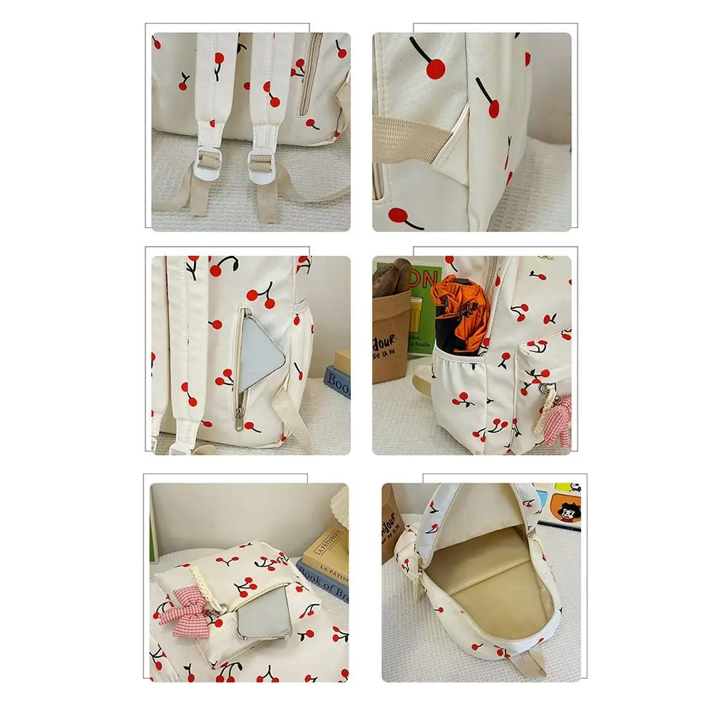 3Pcs/Set Oxford Cloth Cherry Backpack Preppy Style Adjustable Laptop Backpack Large Capacity with Lunch Bag & Pencil Case