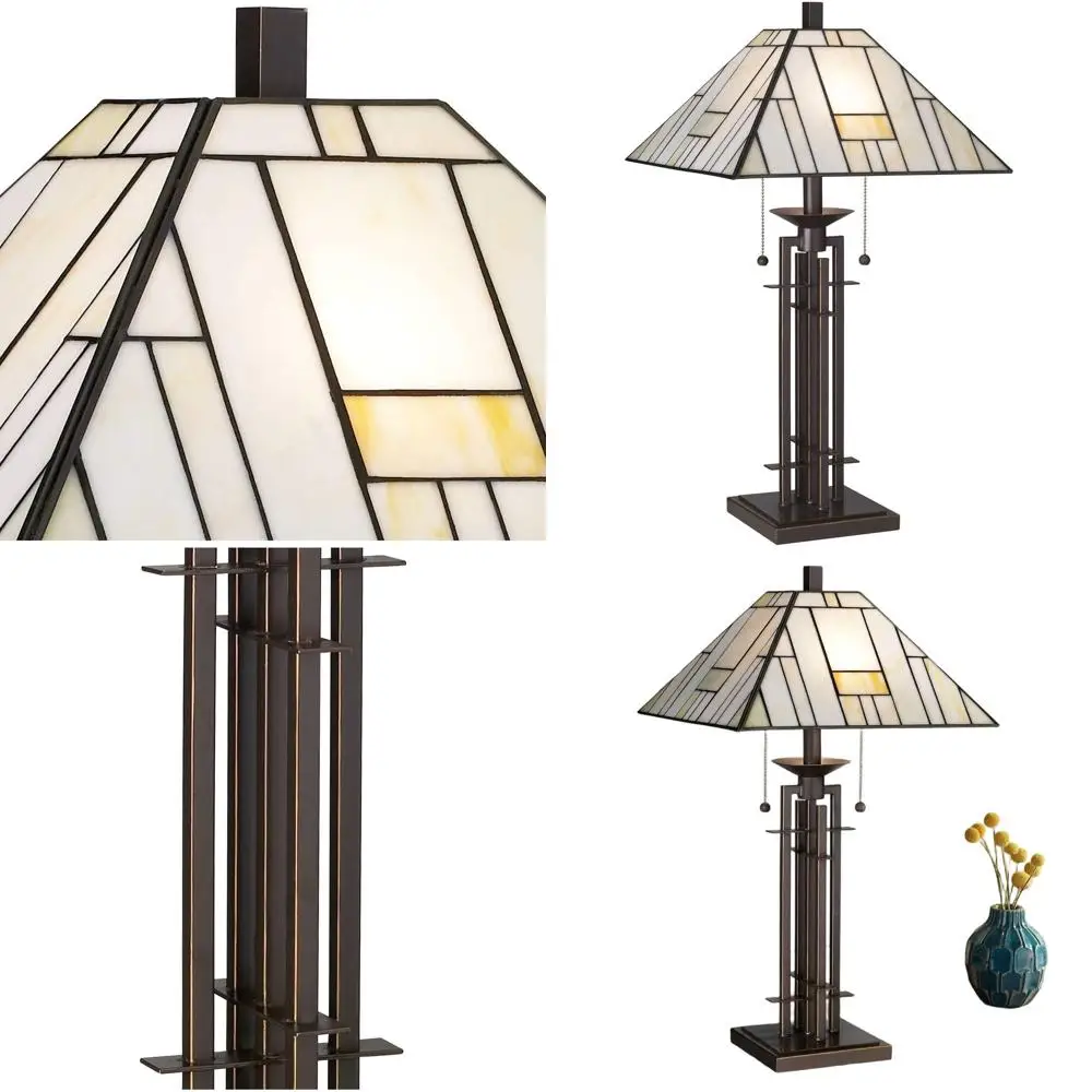 

Настольная лампа в стиле ар-деко, высотой 26,25 дюймов, из кованого железа, с бронзовым, коричневым, золотым и белым витражным плафоном для гостиной, спальни.