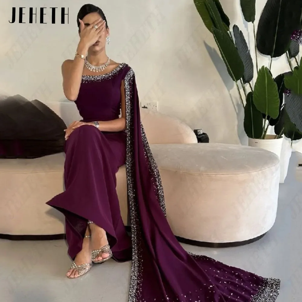 JEHETH Formal Saudi Women Evening Dress One Shoulder With Jacket Mermaid Prom Dresses Crystal Ankle Length Purple Party Gowns