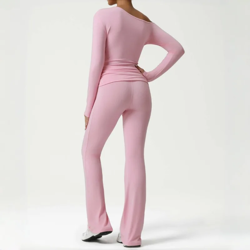 

New Women's Yoga Set with Slanted Shoulders and Long Sleeves High Waist and Hip Lifting Slightly Flared Pants Fitness Suit