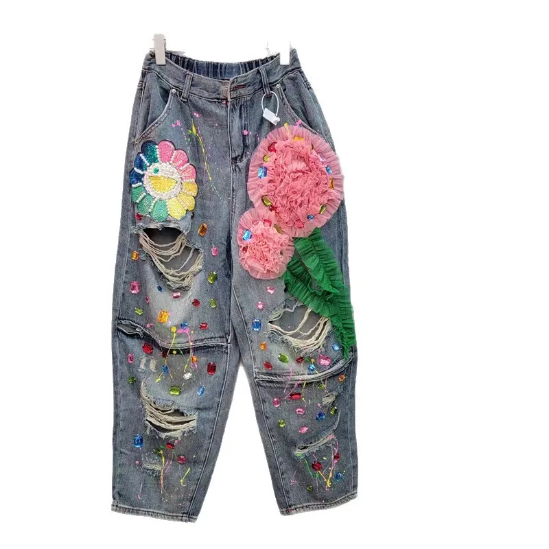 HKSH ربيع وصيف جديد إمرأة Ins شيك شارع العليا ثلاثي الأبعاد زهرة الماس الجينز عادية مرونة الخصر السراويل الطويلة HK5965