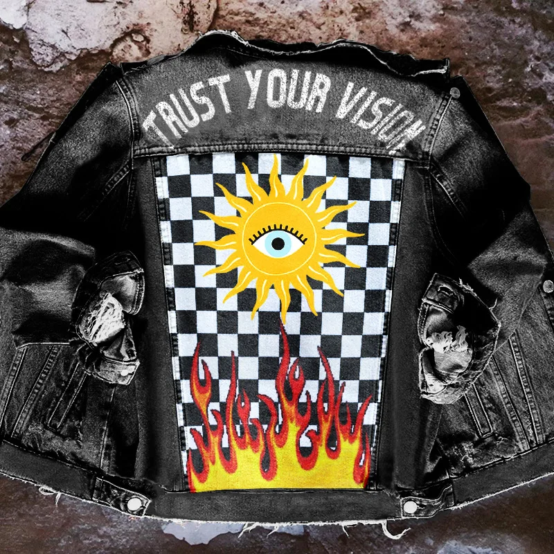 

Denim Jacketwomen's Stylewomen's New Spring And Autumn New Hot Selling Street INS Hip-Hop Rock Personality Sun God Eye Print Pat