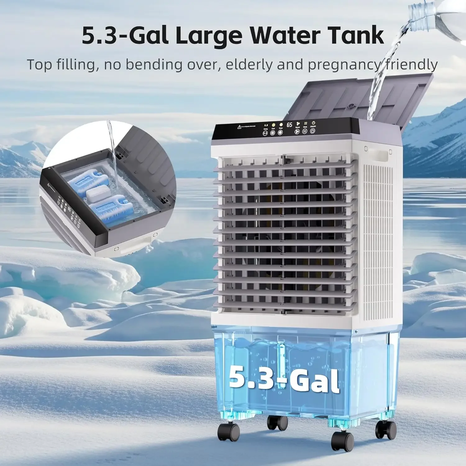 Refrigerador de ar evaporativo 3 em 1 com novo motor de cobre atualizado de 2025, tanque de água de 5,3 galões, 4 embalagens de gelo, temporizador 12H