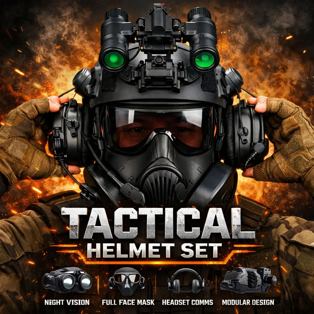 Full Set Fast Tactical Helmet Gas Mask with Airsoft Helmet Night Vision Goggles Model Signal Light Tactical Headset