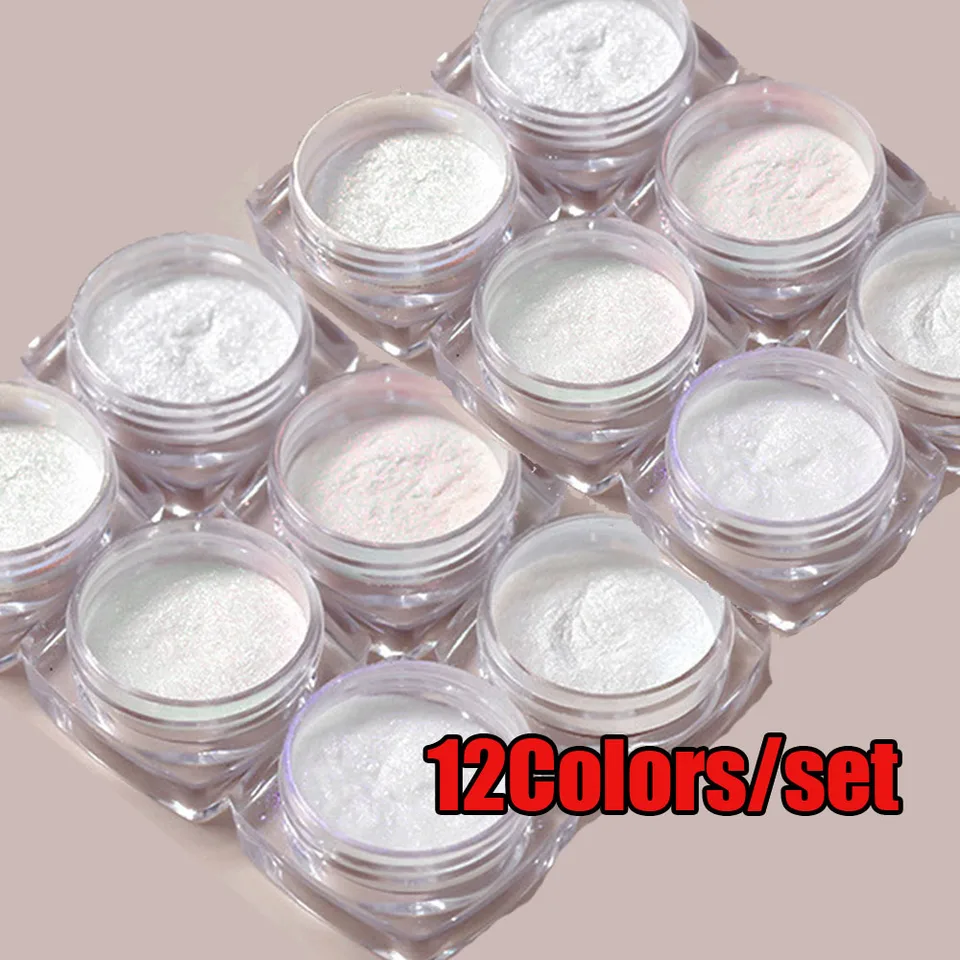 Set de 12 frascos de polvo de espejo blanco aurora para uñas, 0.3g cada uno, pigmento cromado brillante para esmaltado UV, decoración de manicura 2