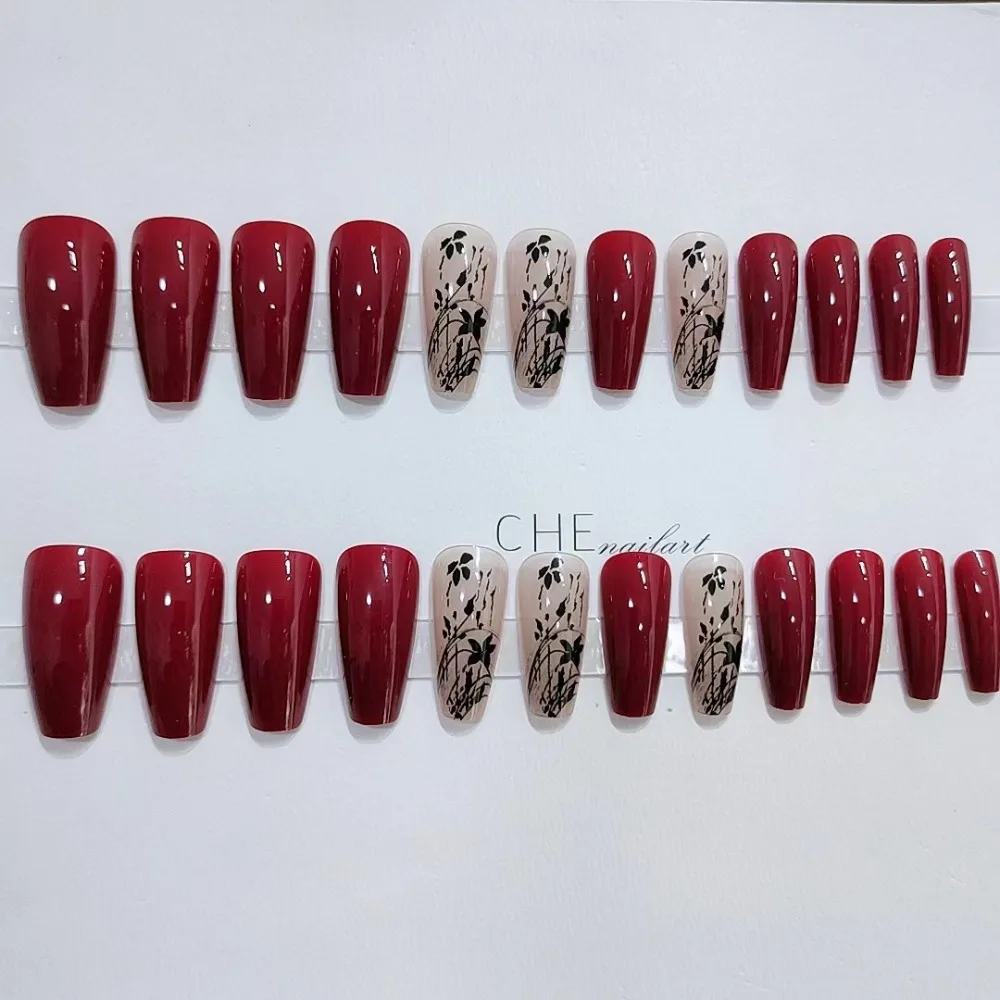 Unhas falsas francesas de formato trapezoidal longo, estilo vintage, vinho tinto, manicure vestível, amêndoa, unhas falsas, cobertura completa, pontas de unhas para meninas