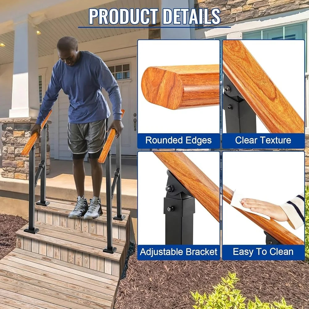 Adjustable Stair Handrail Kit Indoor Outdoor Durable Iron Railing 1-2 Steps Easy Installation with Rust Proof Connectors