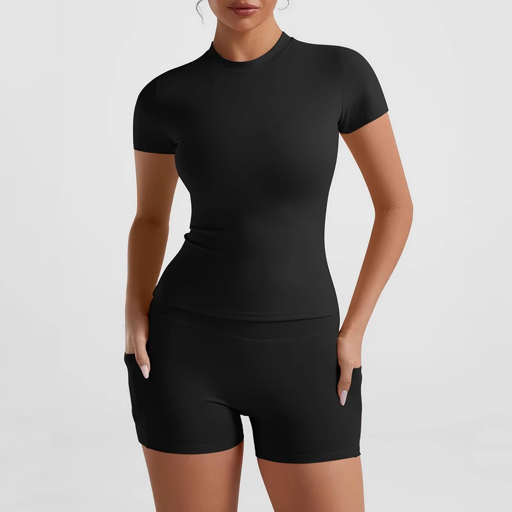 2 Piece Summer Women Workout Sets Short Sleeve T-Shirt High Waist Scrunch Butt Booty Shorts Slim Fit Pockets Yoga Outfits