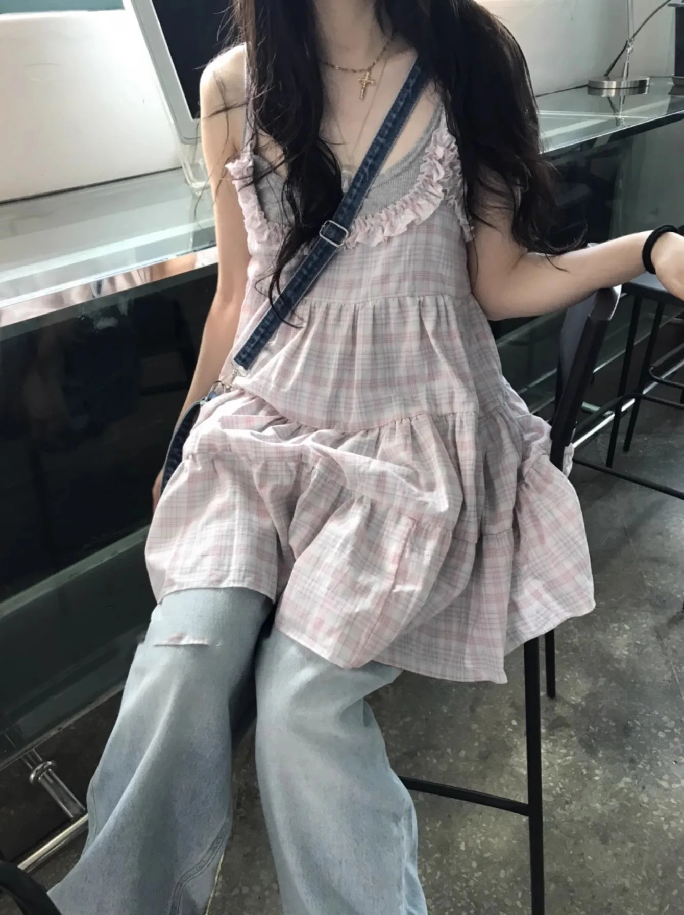 KUSAHIKI Street Style Girls Cute Plaid Cake Lace Sling Dress 2024 Summer New Spicy Girl Y2k A-line Korean Strap Dresses