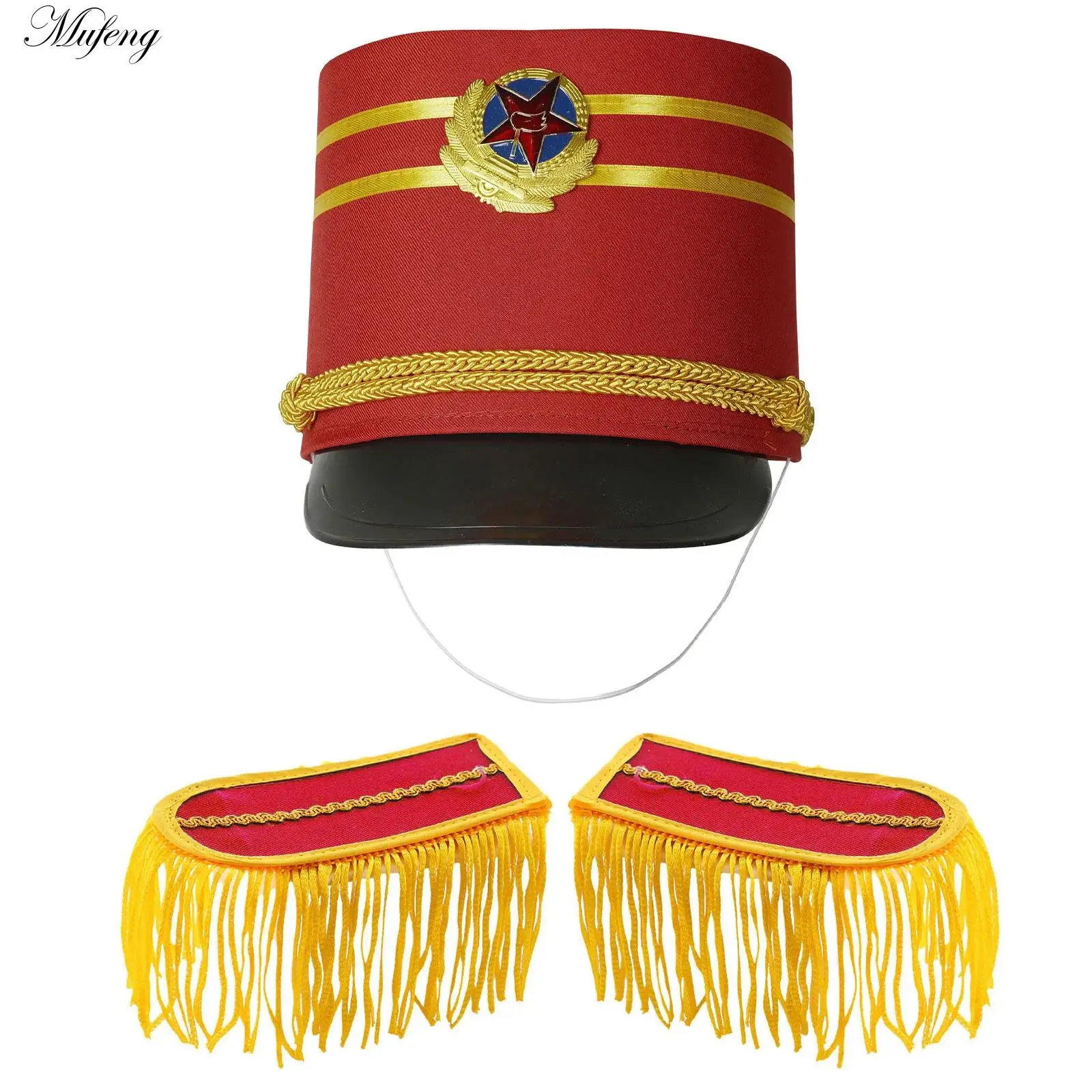 Sombrero de copa rojo + borla de tableros de hombro para niños, sombreros de equipo de tambor de rendimiento de escenario escolar, accesorios de guardia de honor musical, gorra militar