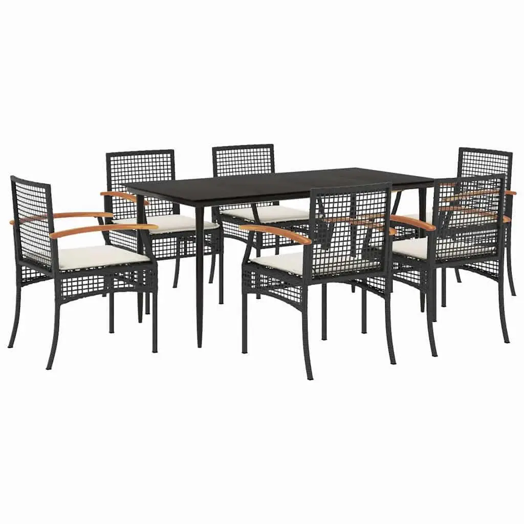 7-Piece Outdoor Dining Set, Black Poly Rattan Patio Furniture with Tempered Glass Table & 6 Padded Chairs, Customized