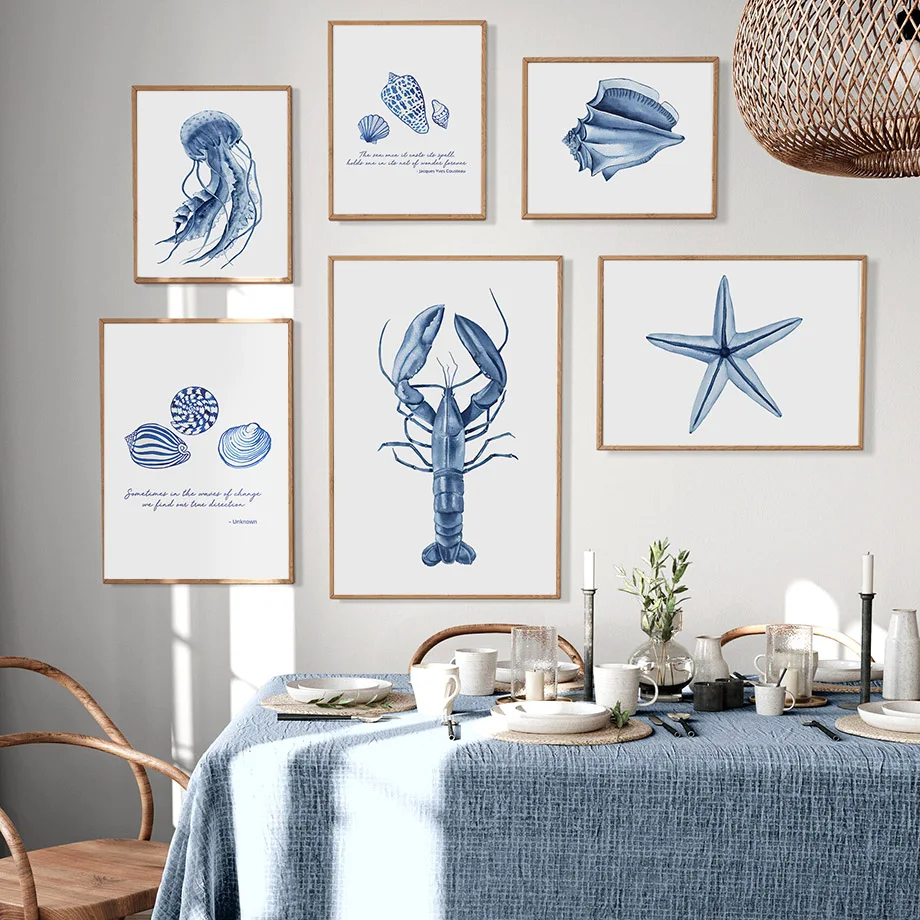 Pósteres de criaturas marinas costeras azules de acuarela, impresiones de pulpo, Concha, medusas, arte de pared, pintura en lienzo, decoración del hogar para habitación de niños