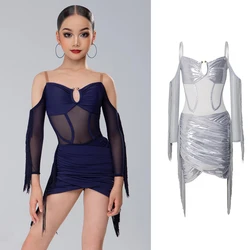 Fashion Girls Latin Dance Dress Blue Silver Fringed Sleeves Chacha Latin Dance Dresses Kids Stage Performance Suits SL10856