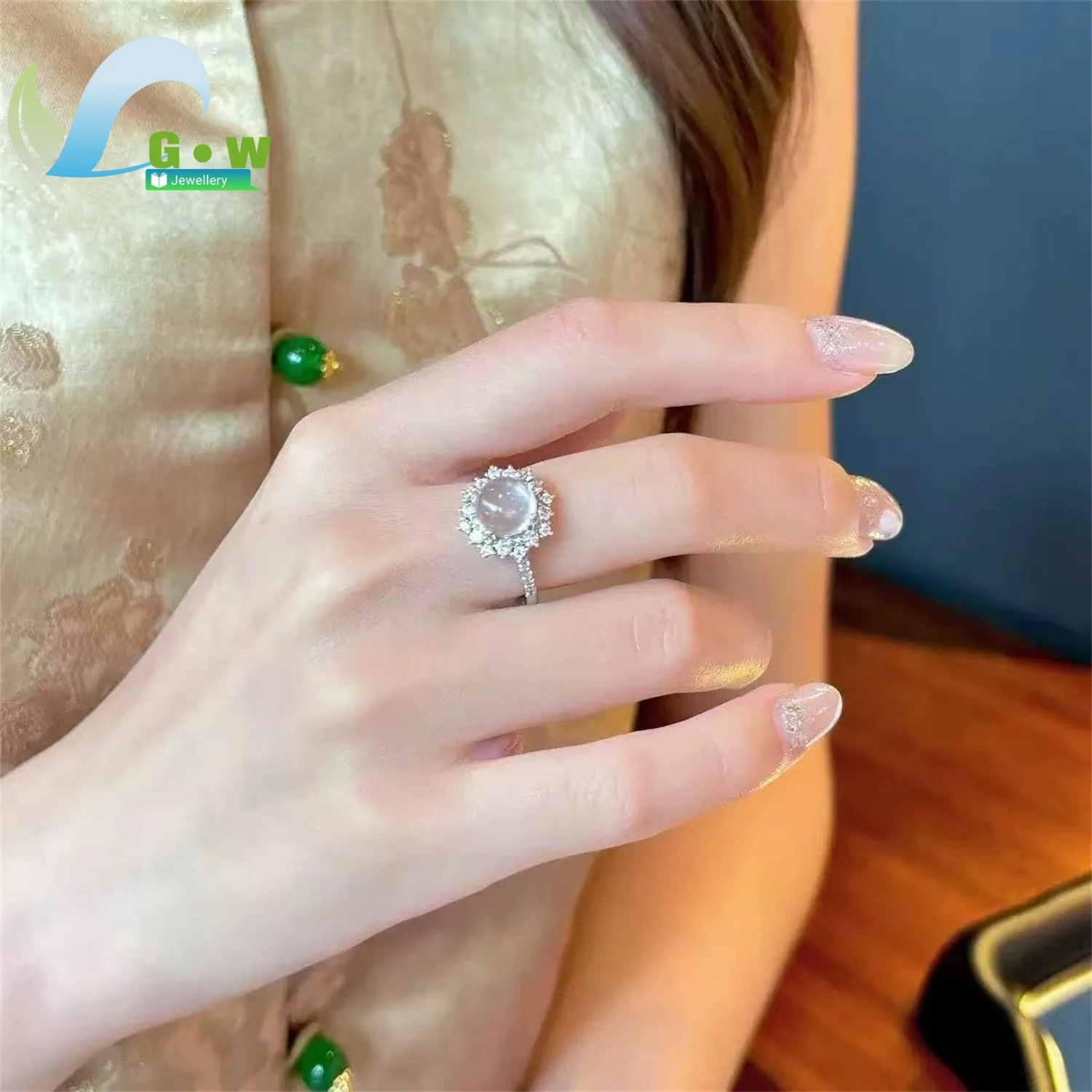 Natural Ice Type Gemstone Cabochon Ring Women New Chinese Style Open Adjustable Band Index Finger High End Jewelry Elegant