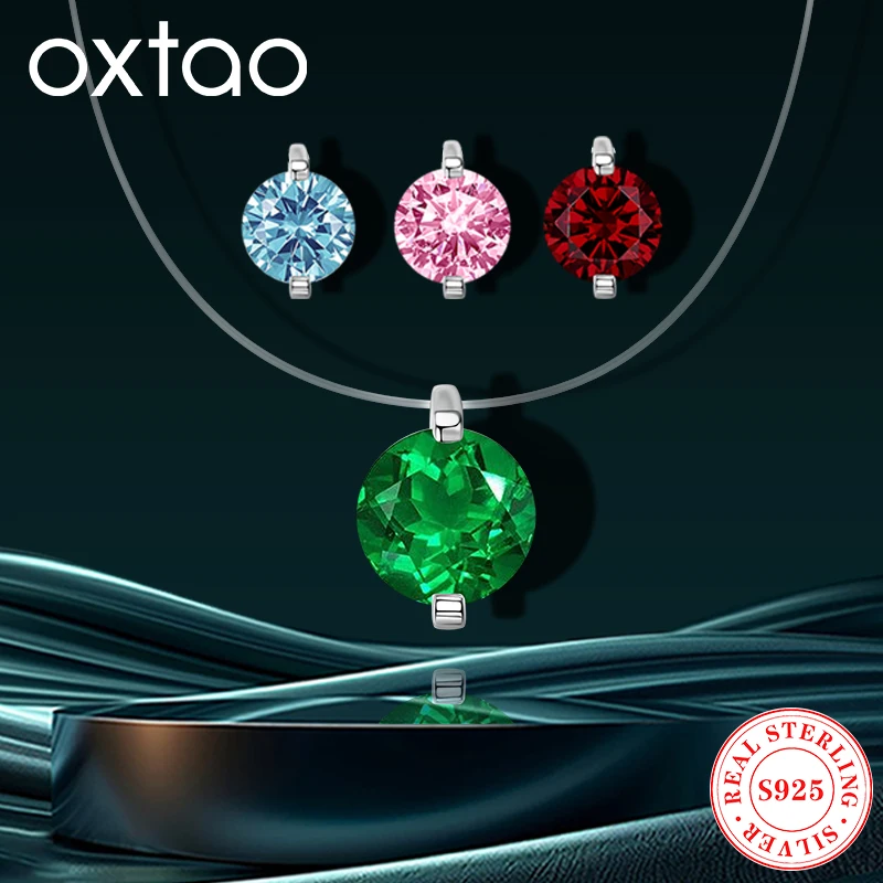

OXTAO красочный 2CT модный кулон-пасьянс ожерелье с кубическим цирконием для женщин настоящее серебро S925 прозрачная цепочка на ключицы ювелирные изделия