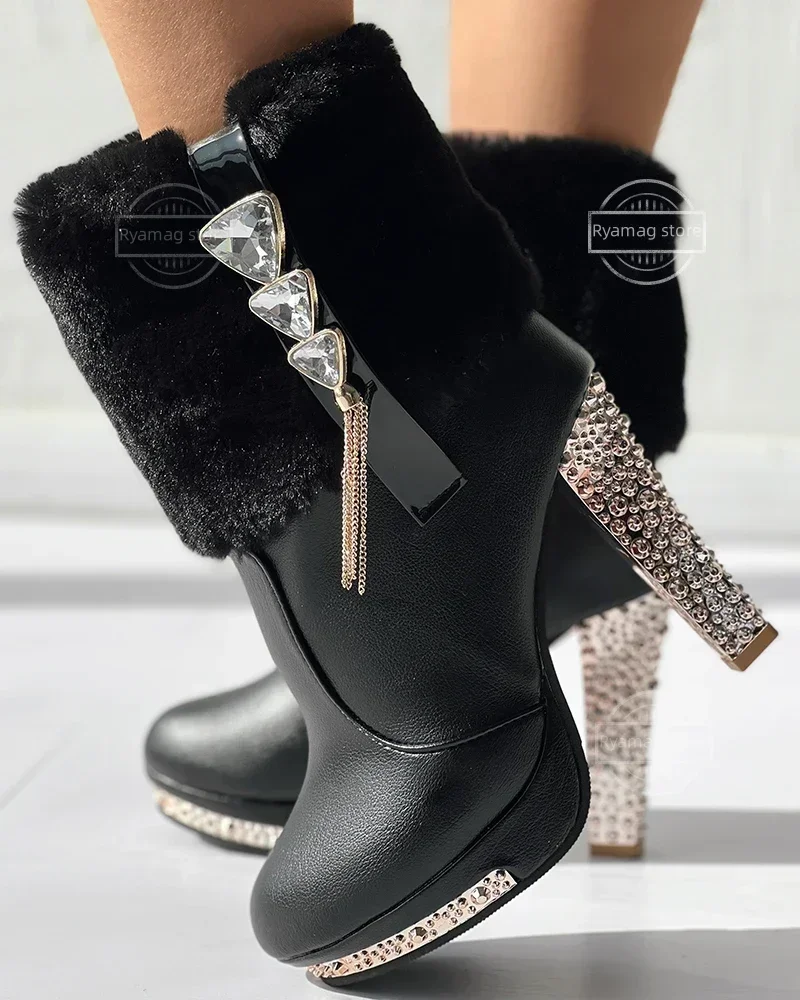 Martns Women Shoes Winter High Heels R Boots Waterproof Platform Thick Women's Rhinestones Decorative Boots