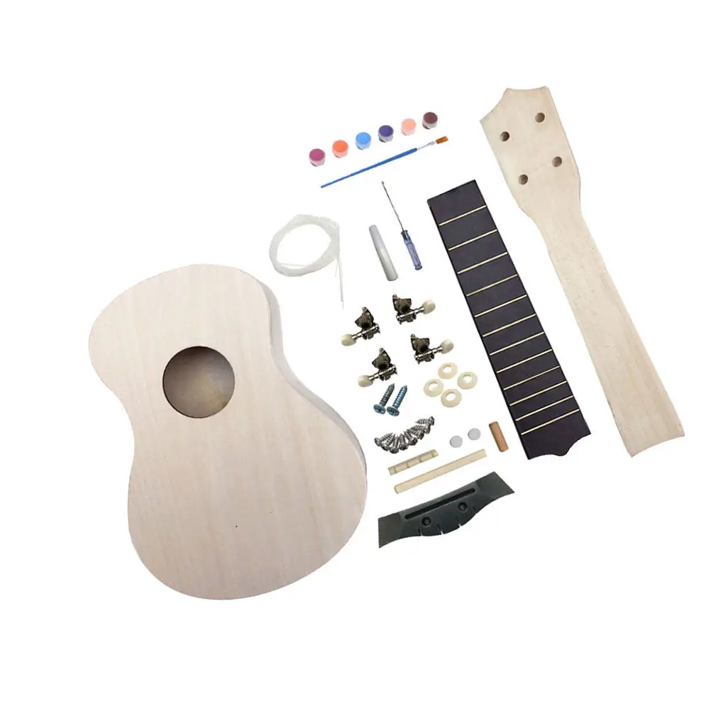 1Set Handmade Ukulele DIY Kit Natural Basswood Unpainted Assembly Kit for Creative Painting Crafting Music Education Activity
