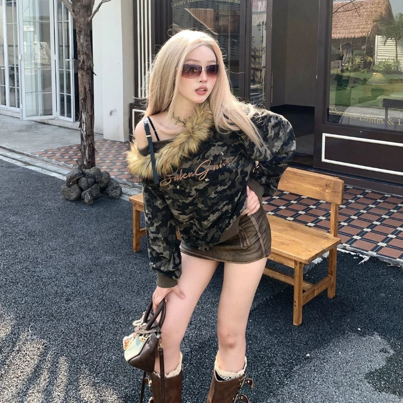 الأمريكية خمر الشارع الشهير التمويه تي شيرت المرأة عادية انحراف فو الفراء طوق قبالة الكتف مثير ريترو 2025 الخريف #1