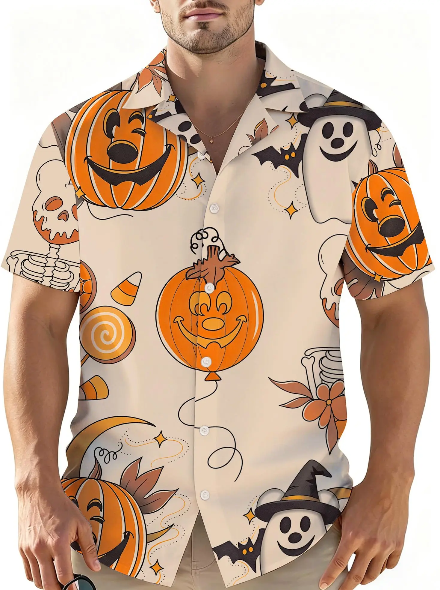 Men's Halloween Button up Shirt Evil Pumpkin Skull 3D Printing Novel Funny Holiday Party Men's Casual Street Short Sleeve Shirt