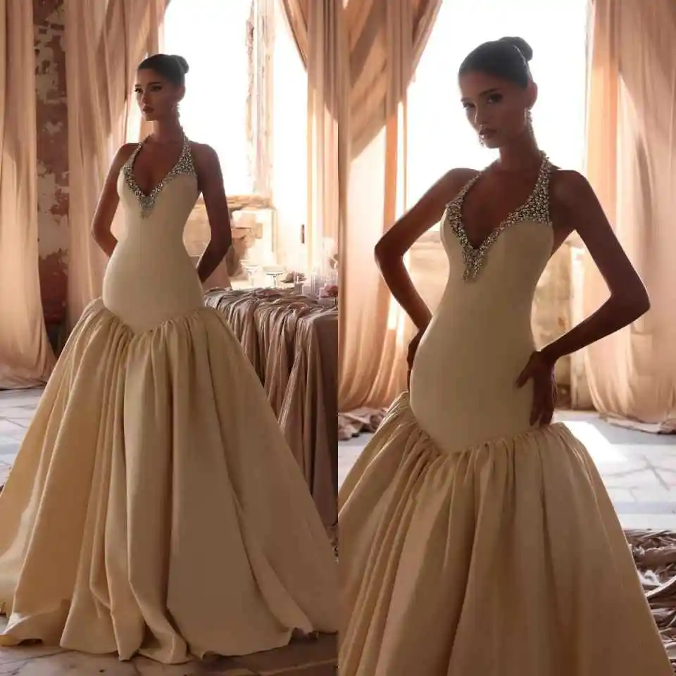 Glamorous Halter Mermaid Wedding Dress Sparkling Rhinestone Deep V Neck Bridal Gown For Wedding Ceremony Reception Customized
