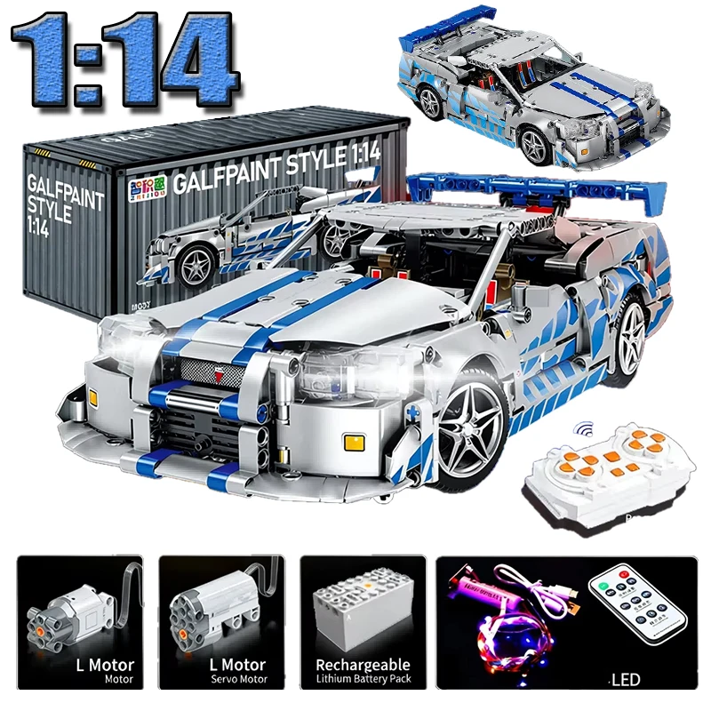 1:14 Japanischer MOC GT-R RC LED R34 Sportwagen Bausatz Rennwagen-Modell Spielzeug für Erwachsene Sammlerstück Geschenk