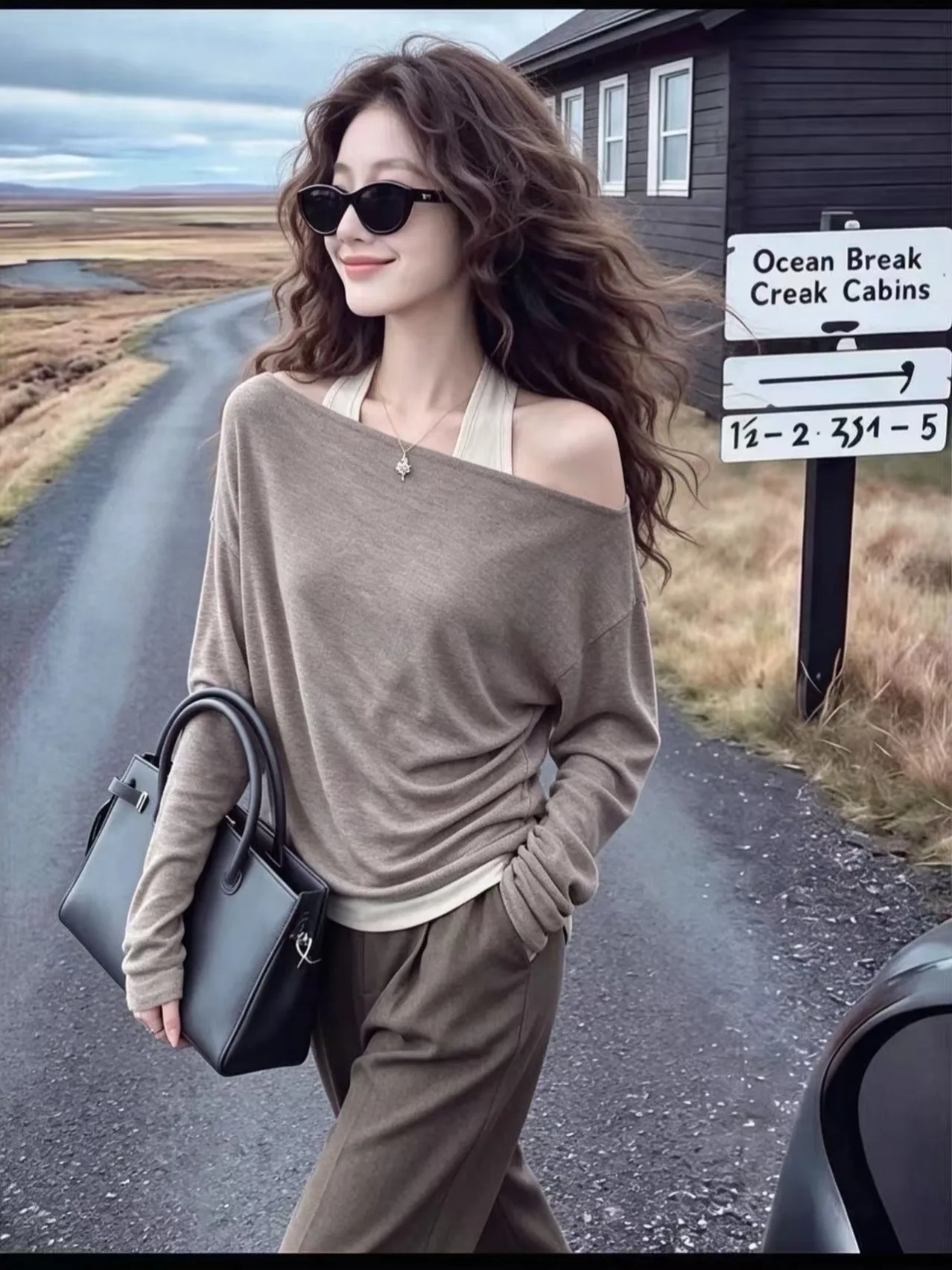 Chic Long Sleeve Neck Hanging Shoulder Women's T-shirt Slim Fit French Style Daily Wear Non-Fleece round Neck Two-Piece Illusion