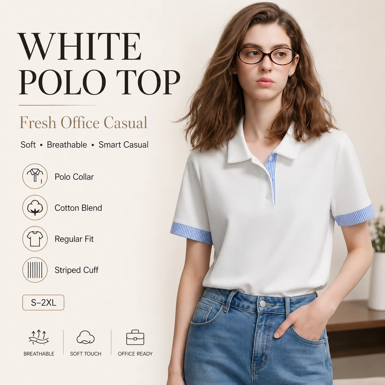 Women White Polo Shirt Summer Short Sleeve Cotton Blend Top Contrast Striped Cuff Button Casual Office Tee