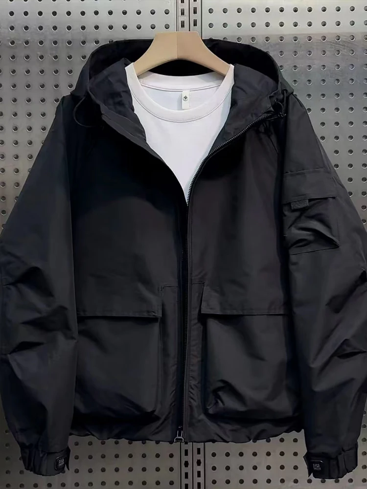 

Men's Hooded Flight Jacket Spring Fashion Casual Loose Workwear Coat Big Pocket Polyester Inner Material Straight Cut