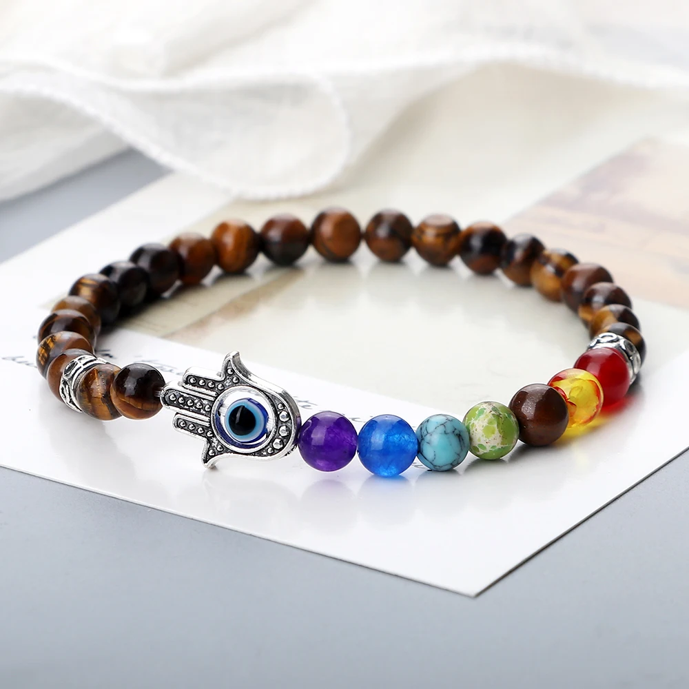 6mm 7 Chakra Beads Bracelets Lucky Evil Eye Hand Of Fatima Women Men Natural Lava Stone Agates Bracelet & Bangle Prayer Jewelry