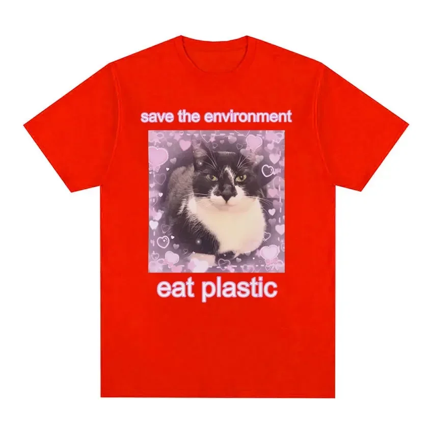 Save The Environment Cat T-shirt Vintage Washed Y2K Aesthetic Unisex Oversized Short Sleeve Summer Cotton Retro Streetwear Hot