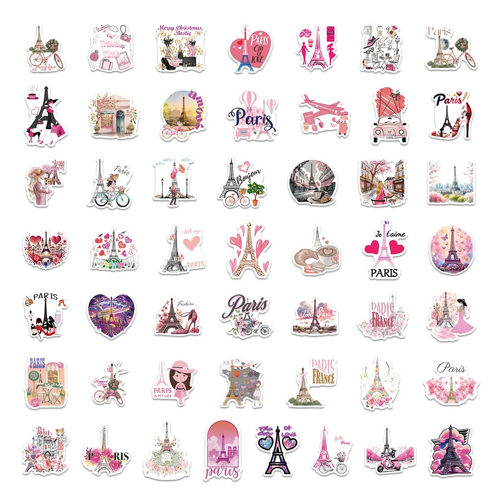 

50PCS Pink Paris Sticker Personalized Creative Waterproof Decal Children's Toy Gifts for Water Cup Pencil Case Laptop Graffiti