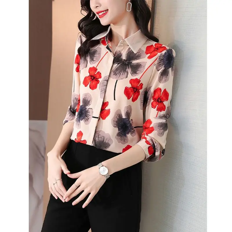 

Spring Autumn Long Sleeve Button Turn-down Collar Tie Dye Women's Clothing Cardigan Floral Printing Shirt Casual Chiffon Tops