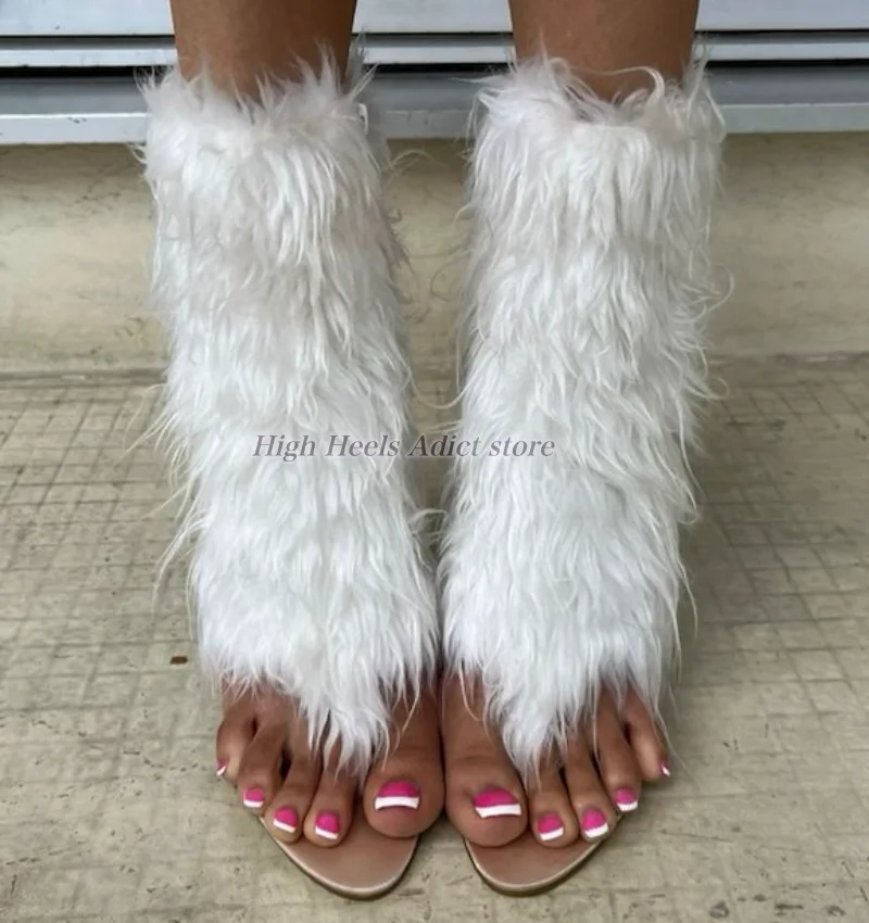 

Sexy White fur flip-flop summer ankle boots women's long hair high heels big size sandals luxury designer party 2026 new shoes