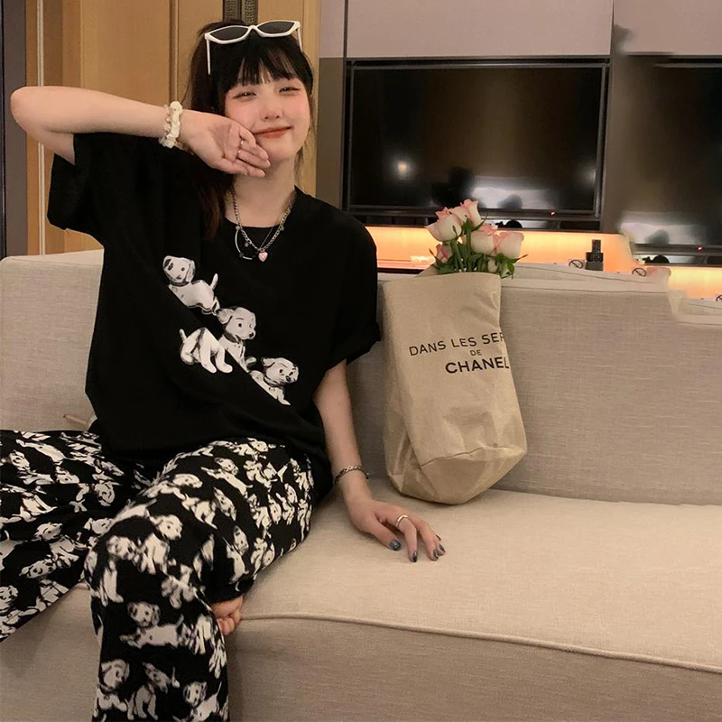 Cartoon Dog Print Summer T-Shirts + Trousers Suit Two Piece Pajamas Set Vintage Y2K Sleepwear Casual Streetwear Home Suit Cotton