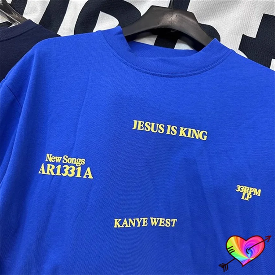 Oversize Blue Kanye West Tee Men Women Hip Hop Jesus Is King New Songs T-shirt Tops Yellow Logo Print Short Sleeve