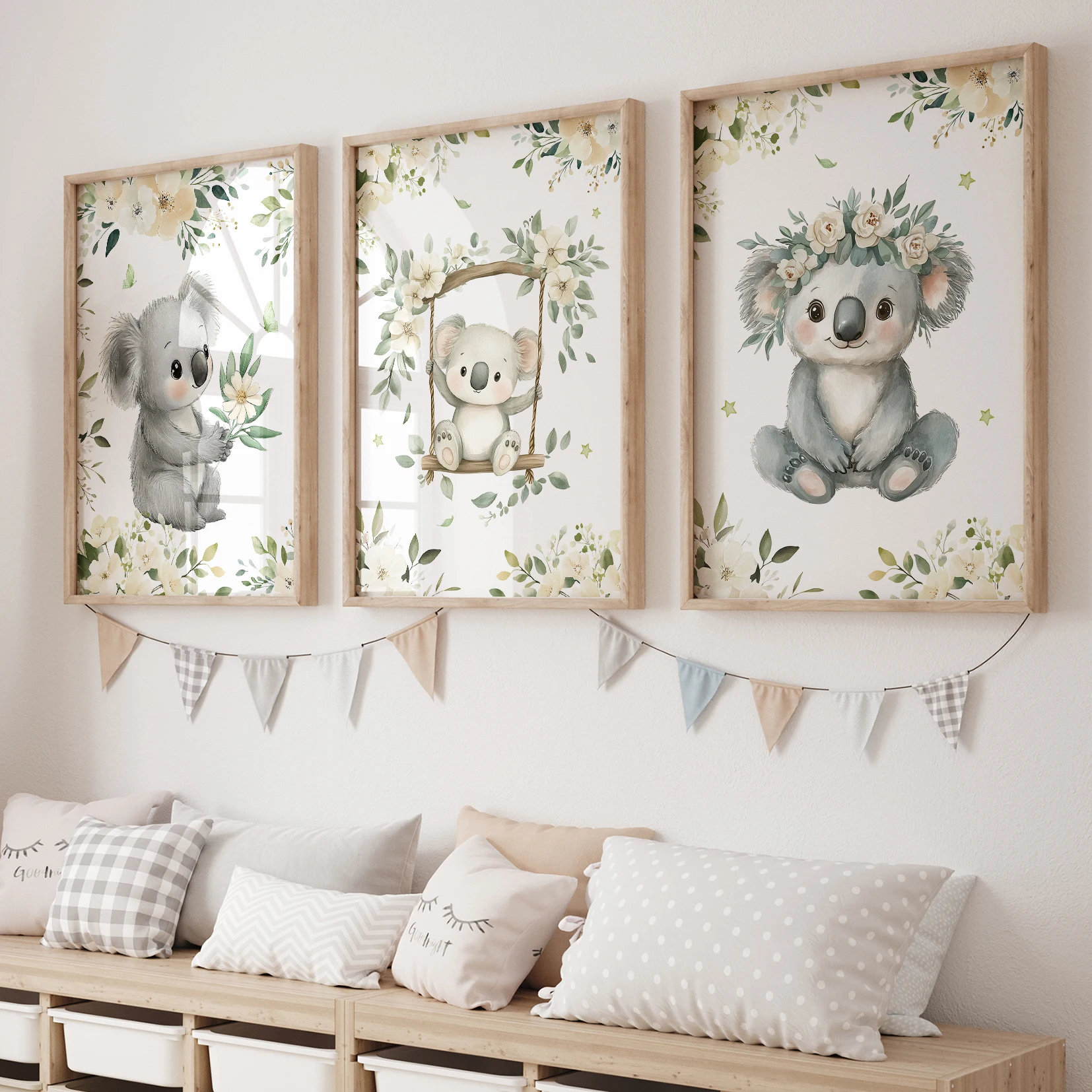3 stücke Cartoon Kinder Grün Koala Schaukel Wand Kunstdrucke Leinwand Malerei Poster Bild Für Wohnzimmer Wohnkultur