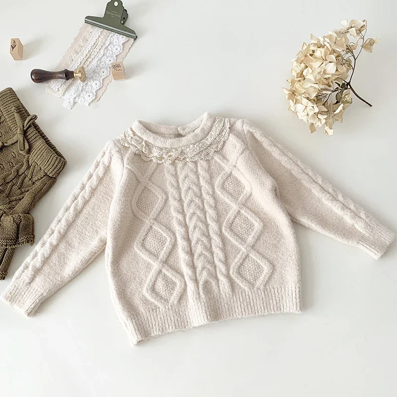 New Autumn Winter Thick Pullover Sweaters Girls Knit Lace Princess Sweaters Children Clothing Girls Sweater Mink Velvet Clothing