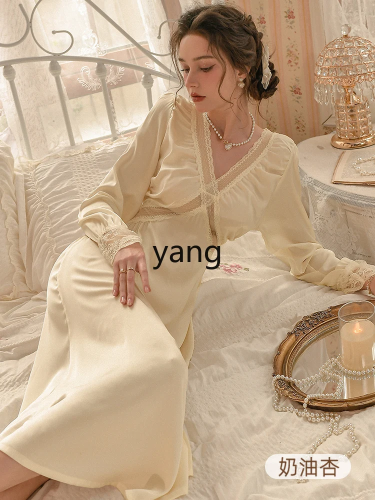Yjq Che French pajamas women's summer ice lace court long-sleeved chest pad nightdress