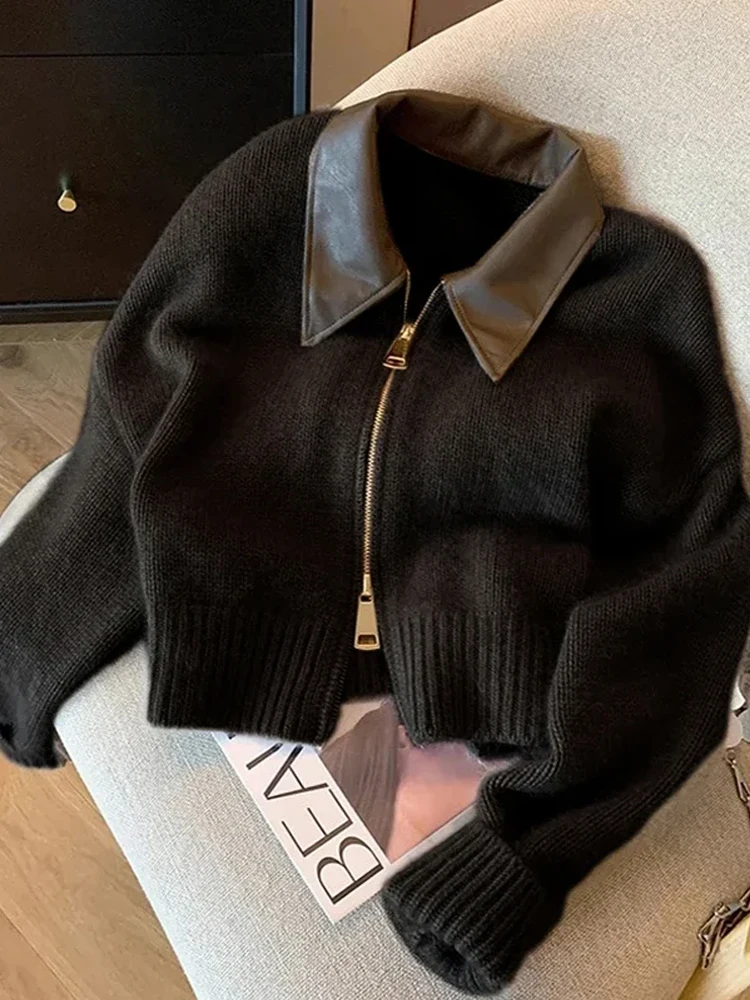 

New Chic Knitted Cardigan Women PU Turn-down Collar Long Sleeve Female Loose Sweater Autumn Korean Double Zipper Lady Top