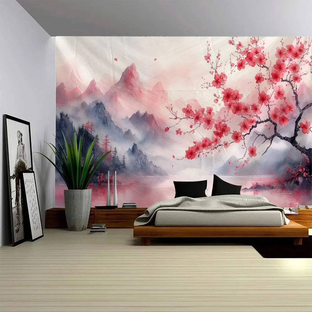 Cherry Blossom Landscape Tapestry Dreamy Oil Painting Wall Hanging Decorative Art for Living Rooms