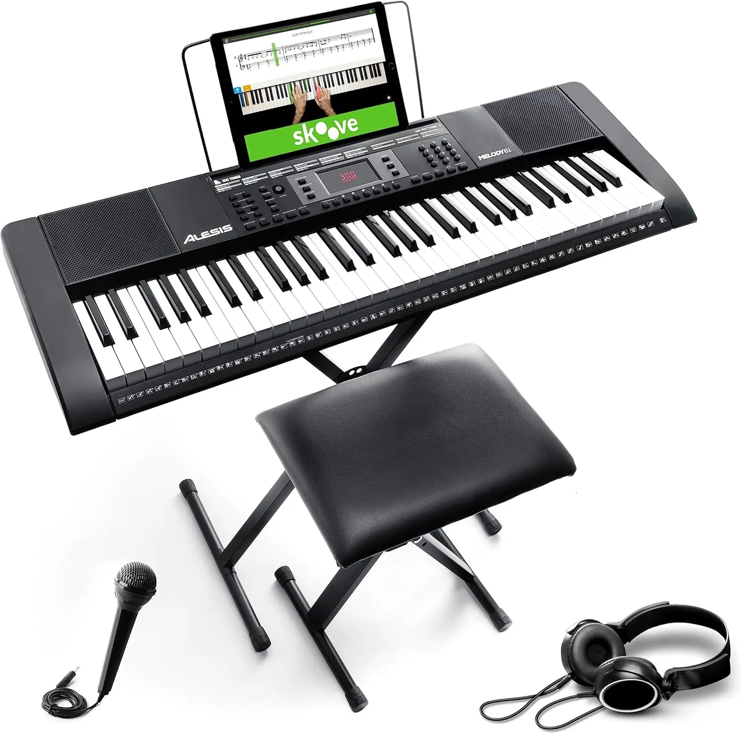 

Melody 61 Key Keyboard Piano for Beginners with Speakers, Stand, Bench, Headphones, Microphone, Sheet Music Stand, 300 So