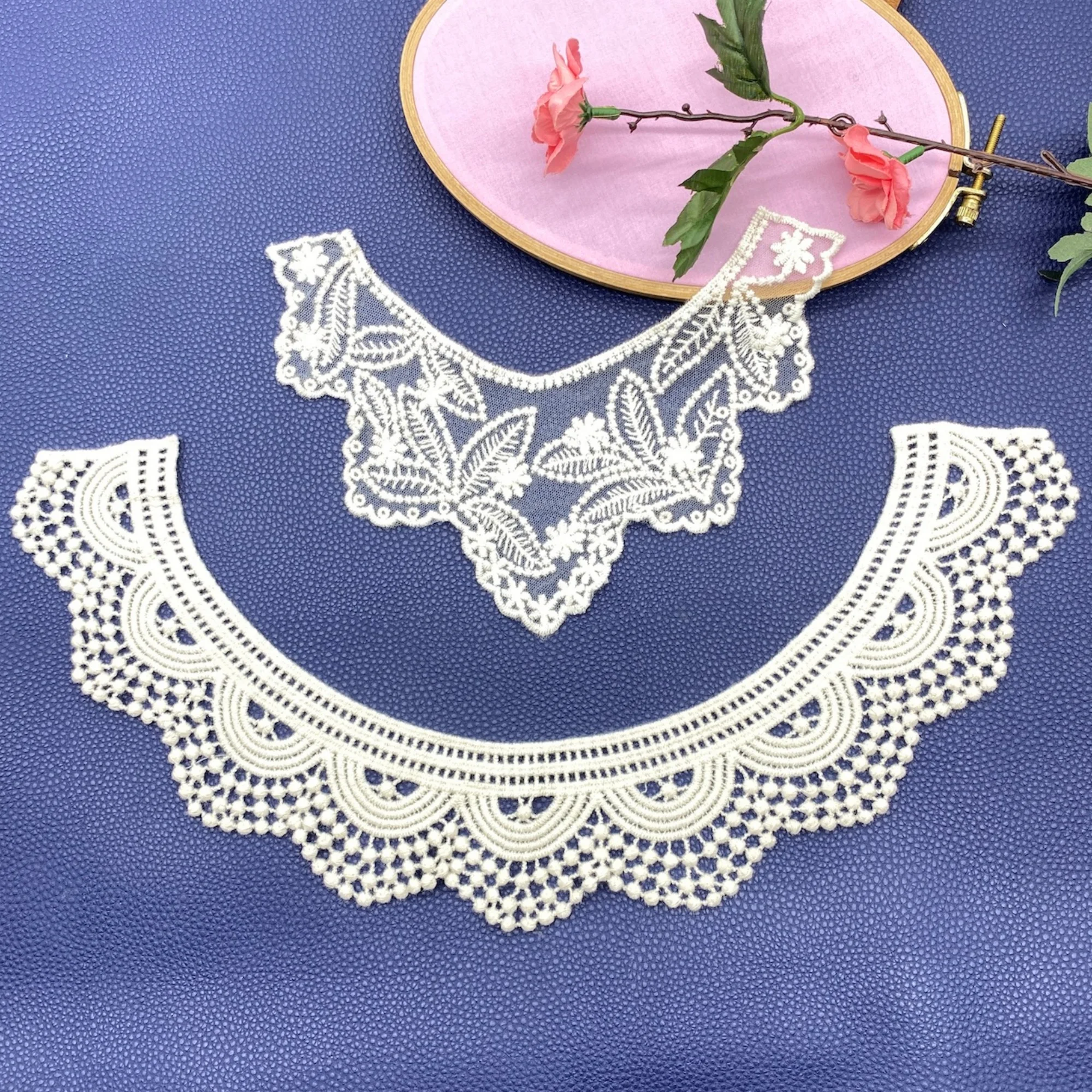 Aplikacje z bawełnianej koronki w stylu weneckim, kwiatowy haftowany kołnierzyk, 1 szt.