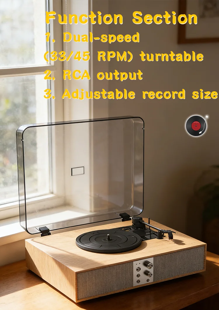 Fully Automatic Turntable Vinyl Record Player with Auto-Return Hi-Fi Stereo LP Player Built-in Speaker Wood & Plastic SMJ Brand