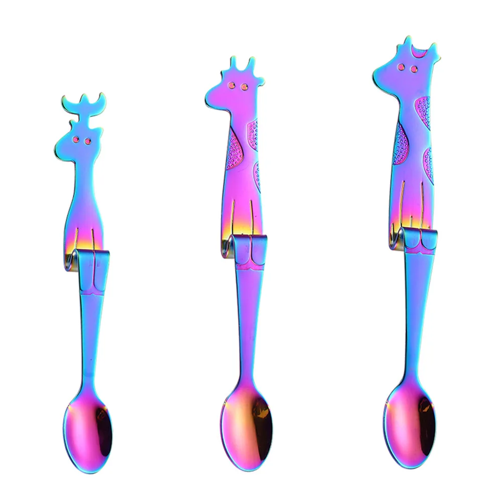 

3Pcs Giraffe Long Handle Stainless Steel Coffee Spoons Hanging Cup Stirring Spoon Dessert Scoop Colorful Exquisite Grinding
