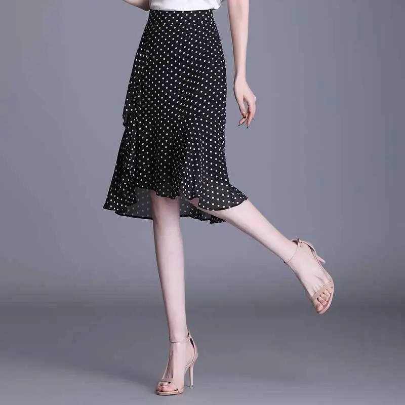 Women Polka Dot Chiffon Fishtail Skirt High Waist Slim Midi Irregular Hem Summer 2022 New Pencil Half Skirt Elegant
