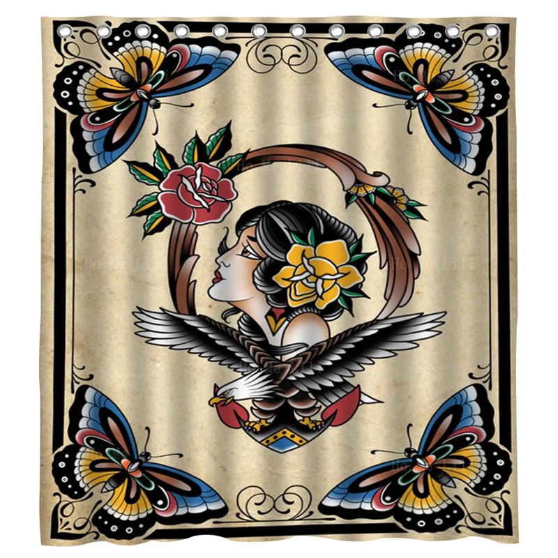 Vintage Punk Style Tattoo Pirate Sailor Skull Funny Theme Fabric Shower Curtain Halloween Bathroom Decor Set with Hooks