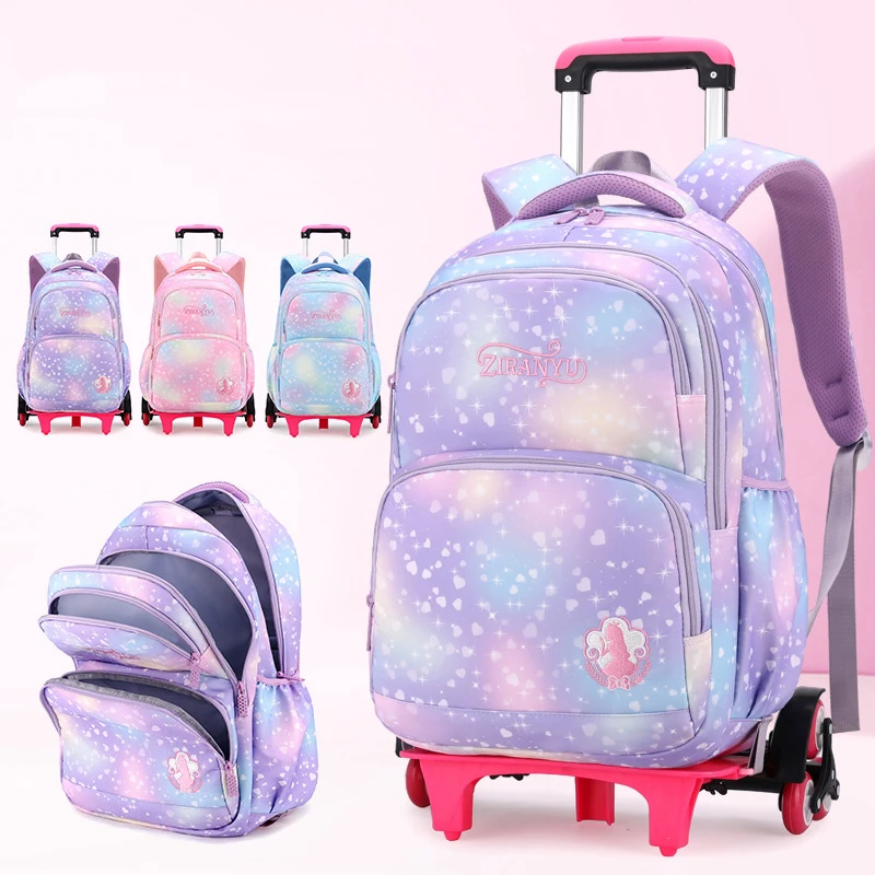 

Children School bag set with Wheels Students Backpack For Girls Trolley Bag Cute Schoolbag Rolling Wheeled Backpack