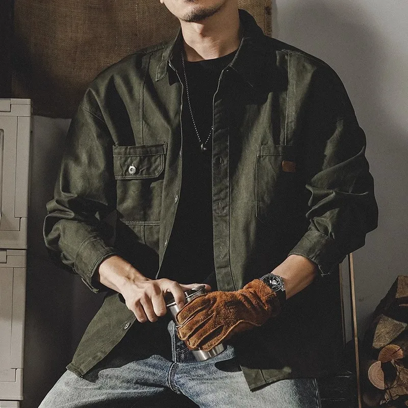 American Retro  Shirt Long Sleeve Spring Loose Tough Guy  Jacket Autumn Coat Men